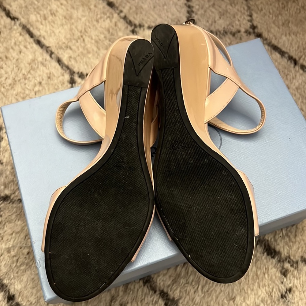 Prada Basic Slingback Wedge Sandal Beige Patent 3… - image 6